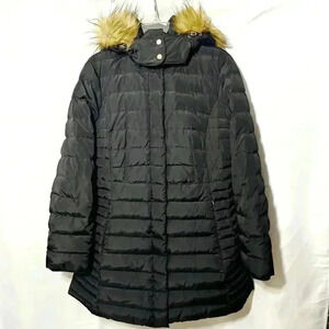 Jones New York Womens Black Down Puffer Quilted Hooded Coat Size Large